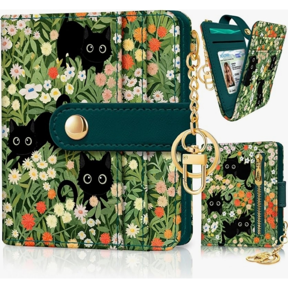 Black Cat Floral Rfid Women Wallet, Small Slim Thin Credit Card Wallet, PU Leath